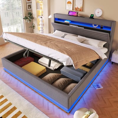 HAUSS SPOLE Gestoffeerd Bed 180x200 cm - Met USB en Type C, LED en Opbergruimte - Zonder Matras - Linnen - Grijs
