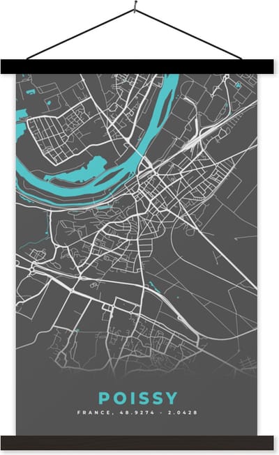 Posterhanger incl. Poster 40x60 cm - Schoolplaat - Poissy - Stadskaart - Kaart - Plattegrond - Frankrijk - Textielposter - Zwarte latten - Stadskaart