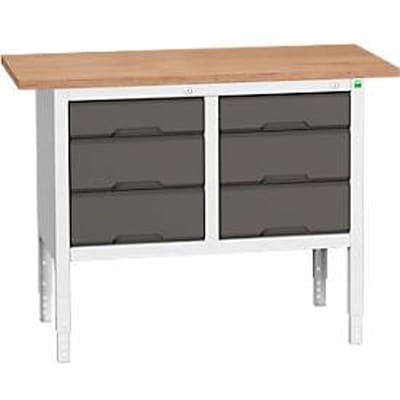 Bott verso box werkbank, multiplex legbord, 6 laden, B 1250 x D 600 x H 830 - 930 mm, RAL 7035 lichtgrijs / antracietgrijs