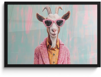 Poster in lijst - Fotolijst 60x40 cm - Posters - Zonnebril - Roze - Geit - Horen - Posterlijst zwart - Decoratie - Wanddecoratie woonkamer - Muurdecoratie slaapkamer