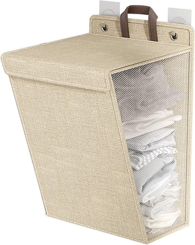 Opvouwbare Wasmand voor Kleding, Schoenen en Handdoeken - Ruimtebesparende Organisator met Haken voor Kleine Ruimtes en Slaapzaalkasten (Beige M-maat)