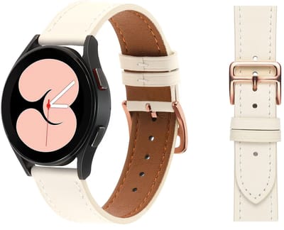 Stravo Premium Slank Leren Bandje 20mm - Geschikt voor Samsung Galaxy Watch 7 6 5 4 - Classic - Dun Leather Horlogebandje van Echt Leer met Roségouden Gesp voor Garmin Vivoactive 5 3 - Forerunner 245 - Venu SQ 2 - Vivomove - Huawei - Wit
