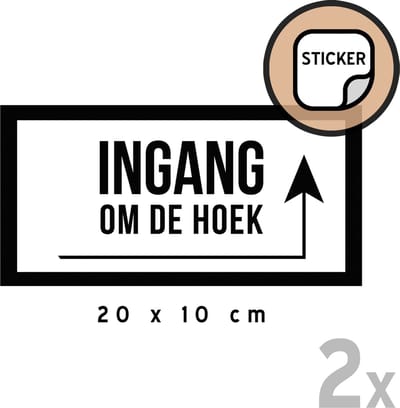 Pictogram/ stickers (2x) | "Ingang om de hoek" (pijl rechts) | 20 x 10 cm | Inkom | Hoekje om | Toegang | Voordeur | Levering | Sticker | Zwart/ wit | 2 stuks