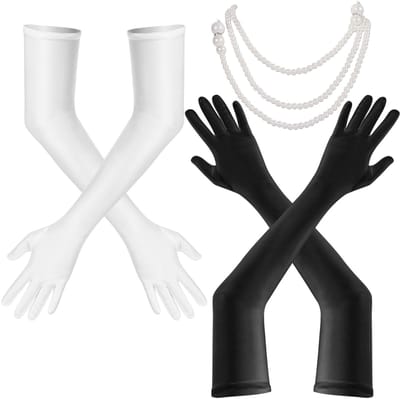 2 paar lange dameshandschoenen, witte handschoenen met parelketting, 1920 zwarte handschoenen van elastaan, elastische klassieke opera-handschoenen voor maskerade, Halloween, carnaval,
