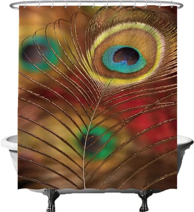Ulticool Douchegordijn - Pauwenveren Pauw Veren Vogel Dier - 180 x 200 cm - met 12 ringen - Anti Schimmel - Waterdicht & Wasbaar - Semi Transparant - Beige Geel Rood