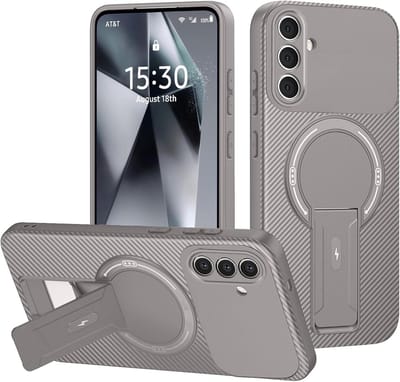 Casemania Hoesje Geschikt voor Samsung Galaxy A17 - Carbon Patroon in Grijs - Magnetische Telefoonhoesje Geschikt voor MagSafe - Stevige Siliconen Back Cover met Kickstand Standaard en Camera Bescherming