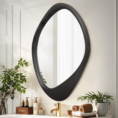 Grote Irregulaire Zwarte Spiegel met Houten Lijst voor Badkamer, Slaapkamer en Woonkamer - 60x40cm Decoratieve Wandspiegel