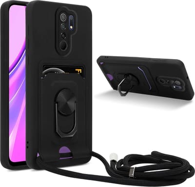 Cadorabo Telefoonketting Hoesje met standfunctie geschikt voor Xiaomi RedMi 9 in ZWART - Siliconen beschermhoes met verstelbare koordband