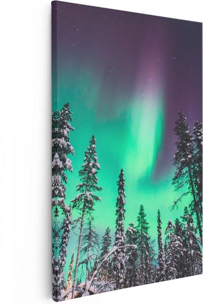 Artaza Canvas Schilderij Winterlandschap - 20x30 cm - Klein - Wanddecoratie Noorderlicht - Muurdecoratie Bomen - Kamer Accessoires Bos