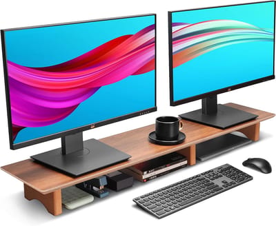 Famanu – Grote houten monitorstandaard - bureauverhoger met kurkblokken - geschikt voor zware laptops - monitoren en tv’s - walnootkleur