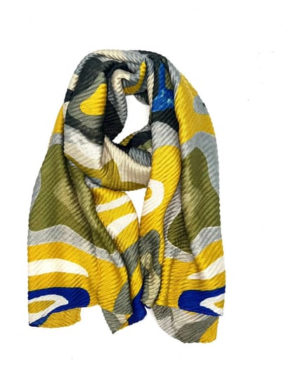 Lange dames sjaal Sayana fantasiemotief koper geel wit zwart blauw olijf groen grijs kobalt