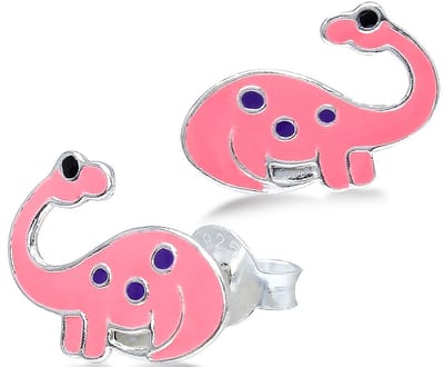 Joy|S - Zilveren dinosaurus oorbellen - roze - 9 x 12 mm - dino oorknoppen