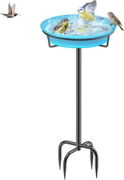 Famanu Vogelbad, vogelbad, voederschaal, waterplaats, staand, voor wilde vogels, voor wilde vogels, groot vorstbestendig, winterbestendig, vogelbad (blauw)