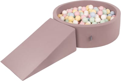 KiddyMoon Schuim speelplaats met helling en ballenbad 100 ballen - Foam hindernisbaan baby - Wasbare hoes - Heide: Pastelblauw Pastelgeel Wit Mint Roze