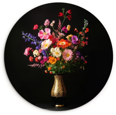 WallCircle® Wandcirkel 120x120 cm - Muurcirkel Kleurrijk - Boeket - Vaas - Goud - Muurdecoratie woonkamer - Wanddecoratie slaapkamer - Kamer decoratie accessoires - Ronde schilderijen XXL