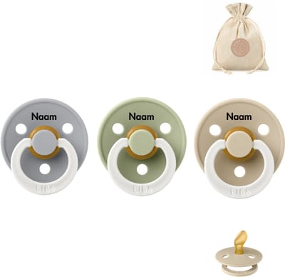 BIBS fopspenen anatomisch met naam - maat 1 - Glow in the dark sage, vanilla en cloud + BolleToet speenzakje