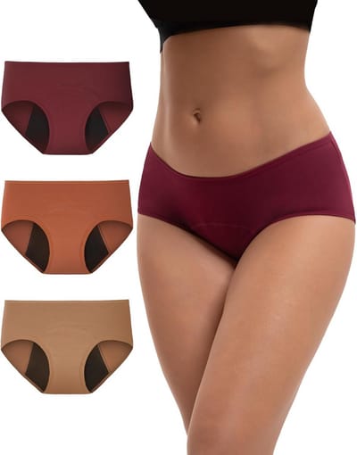 INNERSY Menstrual Underwear Women's Cotton Menstrual Underwear Postpartum Briefs Pack of 3, wine red/light brown/terracotta, L