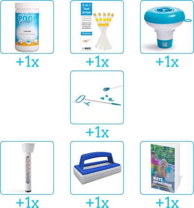 Zwembad Onderhoudspakket - Onderhoud Zwembad - bevat Chloor - Testrips - Chloordrijver - Schoonmaakset - Thermometer - Scrubborstel en Zwembadgids (7-delig)