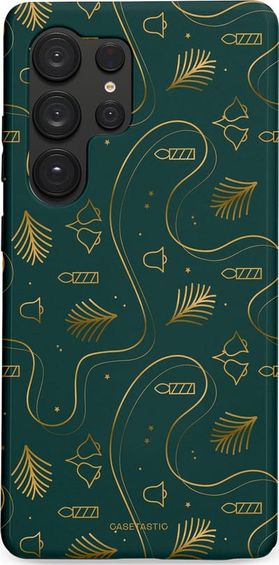 Casetastic hoesje geschikt voor Samsung Galaxy S25 Ultra - Dubbellaagse bescherming - Groene kerst bellen en takken - Fashion Case - Donkergroen Donkergrijs Petrol