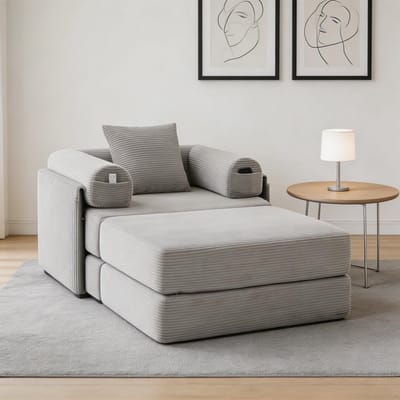 Komhtom - Cord-compressiefauteuil met poef en stabiel metalen frame - ergonomisch ontwerp en dikke vulling voor langdurig comfort - inclusief zijvak en kussen - vrij te combineren en veelzijdig inzetbaar