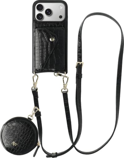 AVY Leren Hoesje geschikt voor Apple iPhone 17 Pro | Met Koord, Wallet en Pouch | Compatibel met MagSafe | Leather Case met 130CM Koord | Long Leather | Croco Zwart