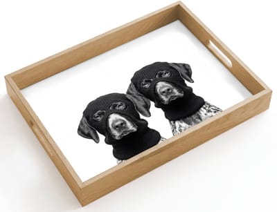 Dienblad hout 40x30 cm - Schootdienblad - Honden - Bivakmuts - Zwart - wit - Borrelplank rechthoek - Plateau dienbladen