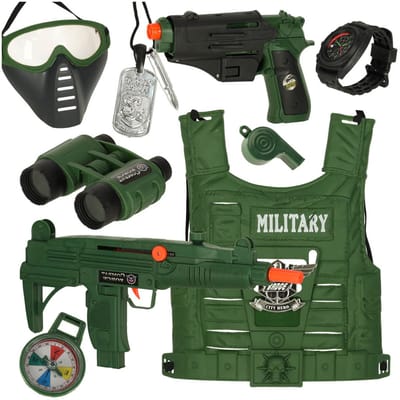 Playos® - Kostuum Militair - met Speelgoedgeweer, Verrekijker, Kompas en meer - Groen - 4 tot 8 jaar - Kinderen - Verkleedkleding - Carnaval