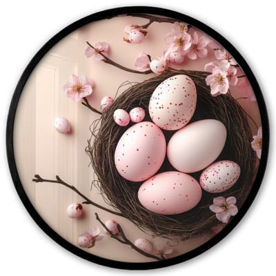 Poster in lijst Rond - Fotolijst 40x40 cm - Posters - Roze - Bloesems - Eieren - Ronde posterlijst zwart - Decoratie - Wanddecoratie woonkamer - Muurdecoratie slaapkamer