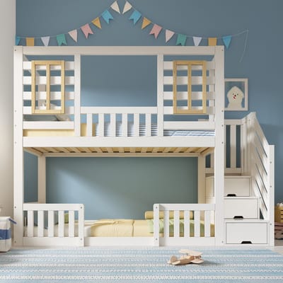 90x200 cm stapelbed - met houten raam en trapkast - kinderbed - huisvormig - inclusief lattenbodem - wit - zonder matras