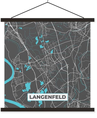 Posterhanger incl. Poster 60x60 cm - Schoolplaat - Blauw – Duitsland – Plattegrond – Stadskaart – Kaart – Langenfeld - Textielposter - Zwarte latten - Stadskaart