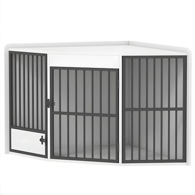 Hoek Hondenbench - Hondenkrat - Hondenkennel - Hoekvormig - Hondenhok - Voor Kleine & Middelgrote Honden - Wit