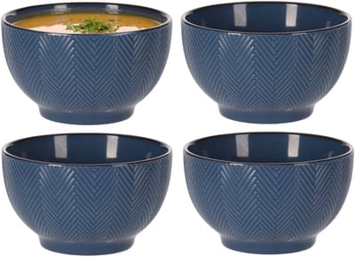 Siaki Soepkom Fishbone - 4x - blauw - 14 x 8 cm - keramiek - kommetjes/schaaltjes - 680 ml