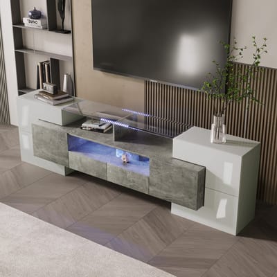 Tv-Meubel Hoogglans Wit - Modern Lowboard met LED Verlichting en Glazen Blad - Woonkamer Meubel - 200 cm - Betonlook Grijs