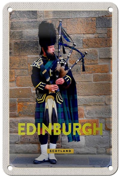 Blechschild Reise 12x18cm Edinburgh Scotland Dudelsack Mann Dekoration