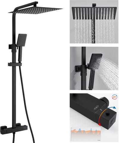 Auralum max Regendouche met Thermostaatkraan - Doucheset Zwart - Regendoucheset - Zwart Douchekolom met Thermostatische Mengkraan - 12 inch Douchekop