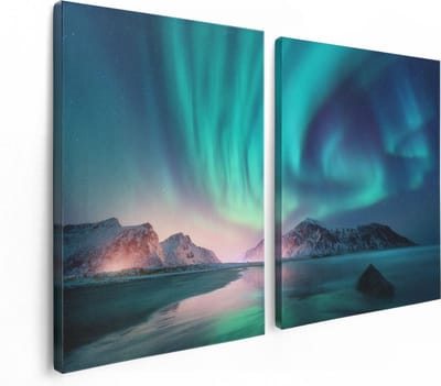Artaza Canvas Schilderij Tweeluik Groene Noorderlicht in Noorwegen - 120x80 - Foto Op Canvas - Canvas Print
