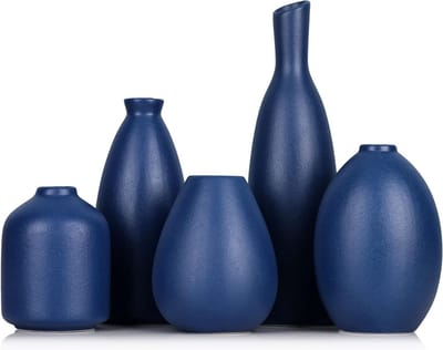 Set van 5 Blauwe Keramische Vazen - Moderne Decoratieve Vazen voor Thuis, Kantoor en Woonkamer, Perfect voor Tafelversiering en Bloemstukken