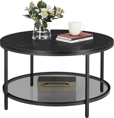 FurnStar – Salontafel – Woonkamertafel met glasplaat – Moderne banktafel met veel opbergruimte – Eenvoudige montage – 80x44,5 cm -Marmerzwart/Inktzwart –