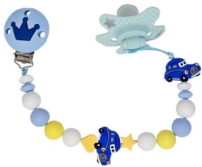 Blauw siliconen speenkoord met autootjes – extra sterk dubbel touw