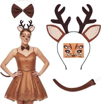 Kostuumset voor Dames en Meisjes met Hertenantlers, Gezichtstatoeage, Strik en Staart voor Carnaval en Kerstfeest