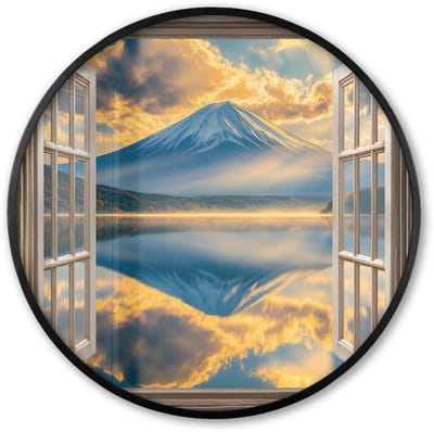 Poster in lijst Rond - Fotolijst 60x60 cm - Posters - Doorkijk - Landschap - Bergen - Uitzicht - Raam - Ronde posterlijst zwart - Decoratie - Wanddecoratie woonkamer - Muurdecoratie slaapkamer