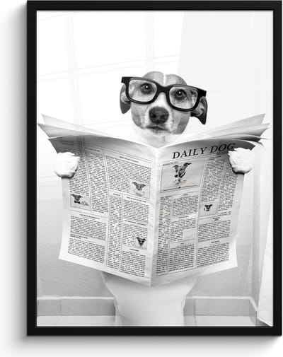 Poster in lijst - Fotolijst 60x80 cm - Posters - Hond - Krant - Toilet - Zwart wit - Dieren - Posterlijst zwart - Wanddecoratie badkamer - Muurdecoratie WC - Decoratieve accessoires - Toilet muur decoratie