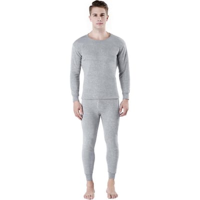 2 stuks/set heren warm pak O-hals lange mouwen tops elastische taille lange broek set effen kleur pluche voering pyjama set L lichtgrijze kleur