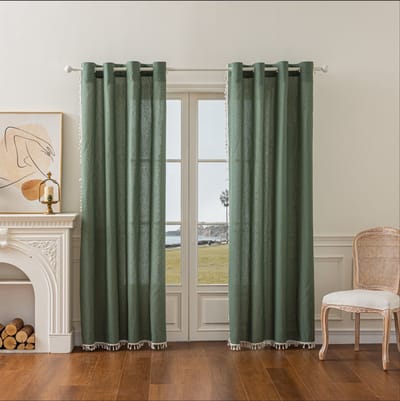 Floraweg vintage groene gordijnen met stippen – Frans katoen-linnen met franjes – crèmekleurige halfverduisterende gordijnen voor slaapkamers en woonkamers, 140 x 160 cm, met haakjes ringen