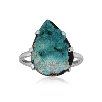 Cavill - Zilveren Ring - 925 Sterling Zilver - Blauwe Groene Silica Druzy 6,5 ct Peervorm - Bali Barong Stijl - Statement Sieraad