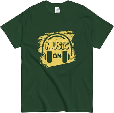 Dames en Heren T Shirt - Music On - Gele Retro Print - Muzikale Streetwear - Groen - S