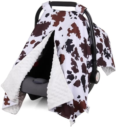 Autostoelhoes voor baby’s, autostoelhoes voor babyjongens, winterautostoelhoes van minky-stof, autostoelkap met kijkopening, veelzijdig te gebruiken als babydragerhoes, kinderwagenhoes, voedingsdoek en minky-deken – koeienprint
