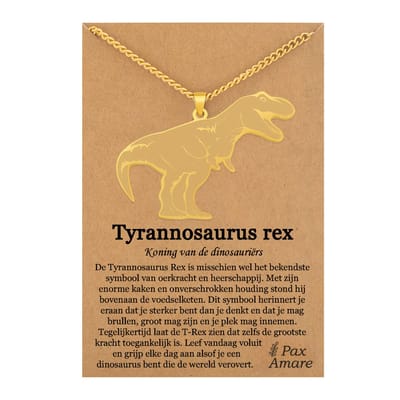Tyrannosaurus Rex Ketting op Cadeau Kaartje Goudkleurig - Dinosaurus Hanger - T-rex - Roestvrij Staal / Stainless Steel - 60cm - Pax Amare