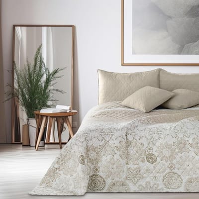 Dubbelzijdige Bedsprei 240 x 260 cm in Beige en Wit met Abstract Patroon - Onderhoudsvriendelijk en Stijlvol