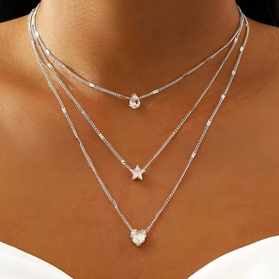 Elegant Multi-Layer Ketting Set voor Vrouwen, Hart-, Ster- & Druppelvormige Hangers, Versierd met Strass, IJzeren Ketting, Veelzijdig voor Dagelijks & Feestelijk Gebruik brown